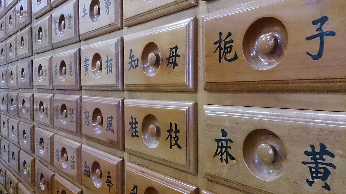 伝統的な漢方薬局——引き出しに入った乾燥生薬と処方を調合する薬剤師